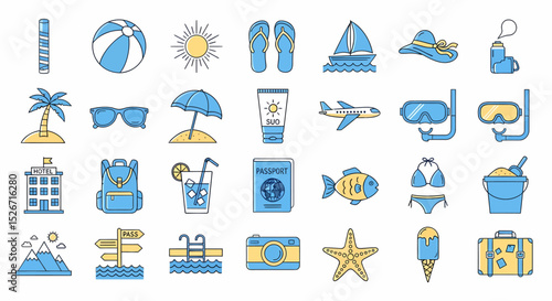 Summer Vacation Holiday Items Icon Set Vector Design
