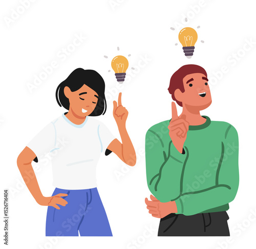 Young man and woman cartoon characters having insight gesturing brilliant idea isolated on white