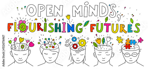 Bright vector illustration of open minds blooming with different ideas.