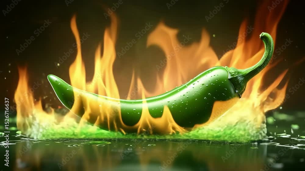 A vivid green chili pepper surrounded by rising flames, captured with glowing detail. This fiery concept represents extreme spice, bold heat, and flavorful intensity in a surreal visual style.