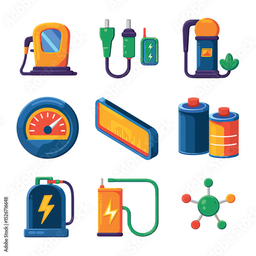 vector icons to vehicle fueling and charging a gasoline pump, an electric vehicle plug hydrogen mole