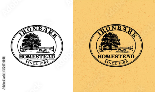 Farm logo, Vintage logo, Homestead logo, Agriculture logo, Rustic logo, Livestock logo, Ranch logo, Country logo, Traditional logo, Nature logo, Tree logo, Goat logo, Field logo, Heritage logo