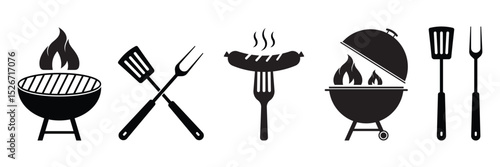 Barbecue grill icon set. BBQ, fire, grill fork, spatula, sausage, picnic tools in black silhouette vector illustration