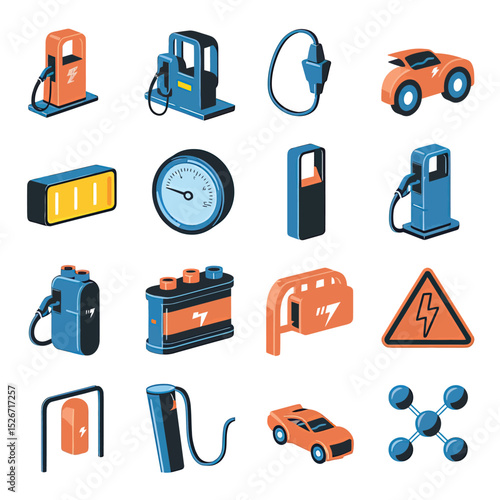 vector icons to vehicle fueling and charging a gasoline pump, an electric vehicle plug hydrogen mole