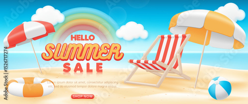 3D Summer sale banner template. special discount promotion sale offer with beach chair, umbrella and rubber ring on beach background for online shop, store, advertising, web and social media post