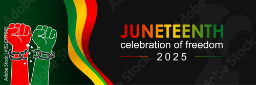 Juneteenth 2025 design with two clenched fists breaking the chain silhouettes, typical African ornaments and freedom colors, symbolizing liberation and unity. Juneteenth Freedom Day.