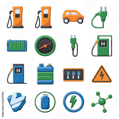 vector icons to vehicle fueling and charging a gasoline pump, an electric vehicle plug hydrogen mole
