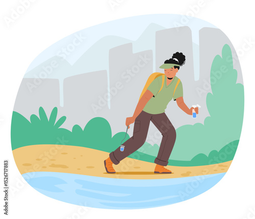 Woman ecologist character taking samples of water caring for environment and ecosystem scene