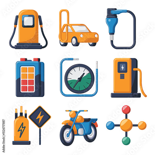 vector icons to vehicle fueling and charging a gasoline pump, an electric vehicle plug hydrogen mole