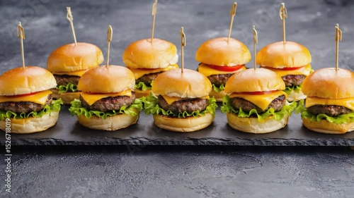 Row of Mini Cheeseburger Sliders on a Black Slate Board