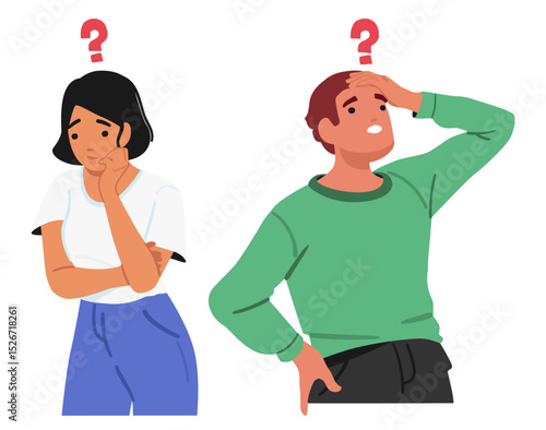Man and woman puzzled, overwhelmed and questioned emotional reaction on stress isolated set