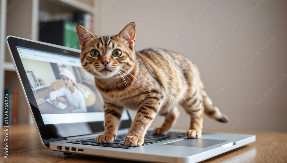 Bengal cat walking on laptop, cute pet interaction, home office setting, playful atmosphere Bengal cat walking on laptop, cute pet interaction, home office setting, playful atmosphere