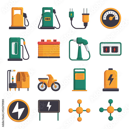 vector icons to vehicle fueling and charging a gasoline pump, an electric vehicle plug hydrogen mole