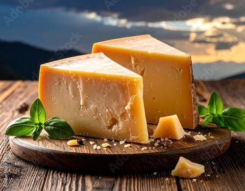 Cheese slices on a wooden board