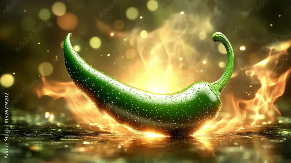 A fresh green chili pepper sits on a wet reflective surface as vibrant flames erupt behind it. The image highlights the spice, heat, and intensity of flavor in a visually dramatic food concept.