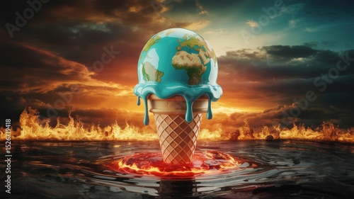 Fototapeta Naklejka Na Ścianę i Meble -  Melting Earth globe ice cream cone, climate change concept.