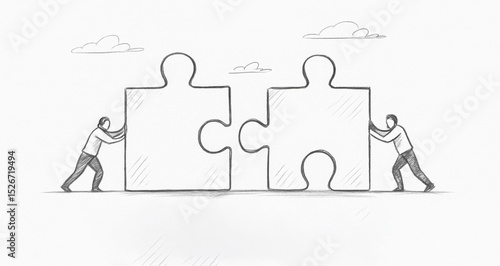 The depicts collaboration and alignment as two individuals push large puzzle pieces together symbolizing problem-solving and partnership in business