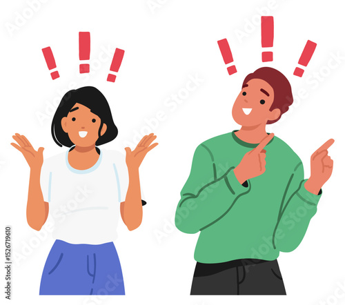 Shocked man and woman cartoon characters with exclamation marks over head isolated set on white