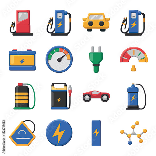 vector icons to vehicle fueling and charging a gasoline pump, an electric vehicle plug hydrogen mole