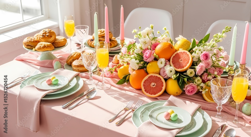Fototapeta premium Elegant Easter Brunch Table Setting with Pastel Colors and Fresh Citrus