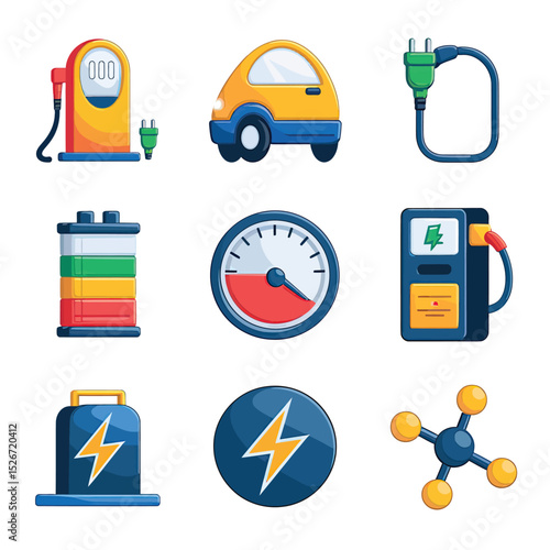 vector icons to vehicle fueling and charging a gasoline pump, an electric vehicle plug hydrogen mole