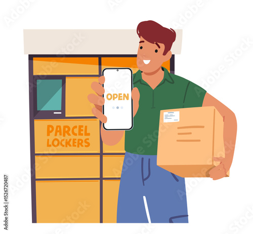 Man customer character promoting express self service of postal parcels lockers cartoon scene
