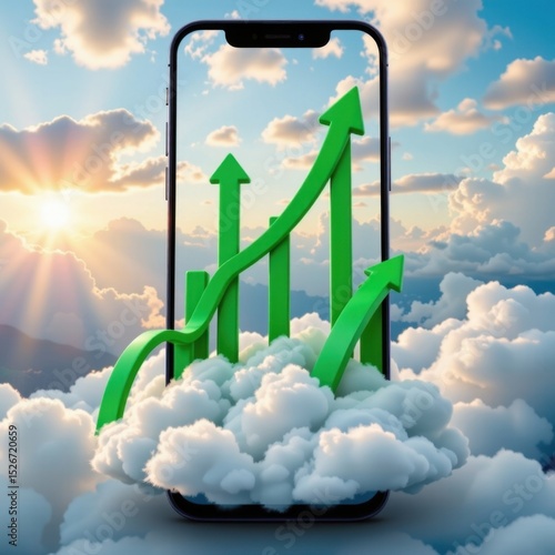 Concept of business growth and success illustrated by a smartphone displaying rising green arrows emerging from clouds with sunny sky background