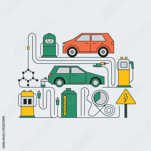 vector icons to vehicle fueling and charging a gasoline pump, an electric vehicle plug hydrogen mole