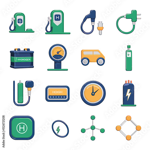 vector icons to vehicle fueling and charging a gasoline pump, an electric vehicle plug hydrogen mole