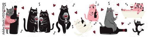 Cute Scandinavian style cats with a glass and a bottle of wine, singing and taking a bath. Flat vector illustrations on white background . Vector illustration