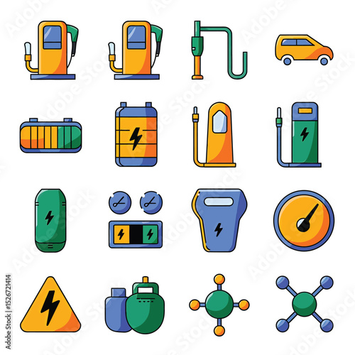 vector icons to vehicle fueling and charging a gasoline pump, an electric vehicle plug hydrogen mole