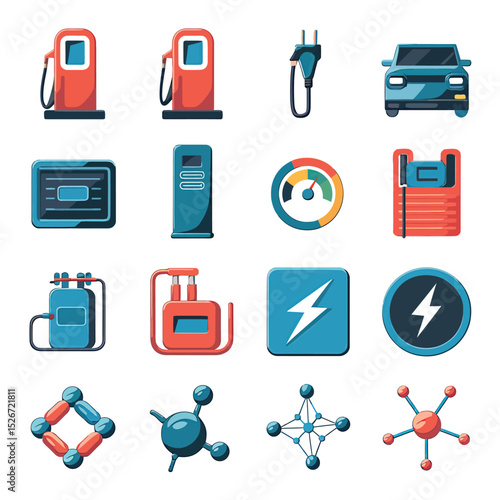 vector icons to vehicle fueling and charging a gasoline pump, an electric vehicle plug hydrogen mole