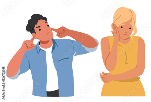 Man and woman isolated cartoon characters suffering from loud sound covering ears from noise