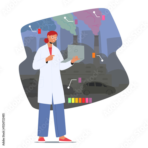 Woman scientist ecologist analyzing pollution level in city from chemical plants, cars cartoon scene