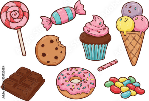 Vector crayon doodle sweets set with lollipop, cupcake, and candy