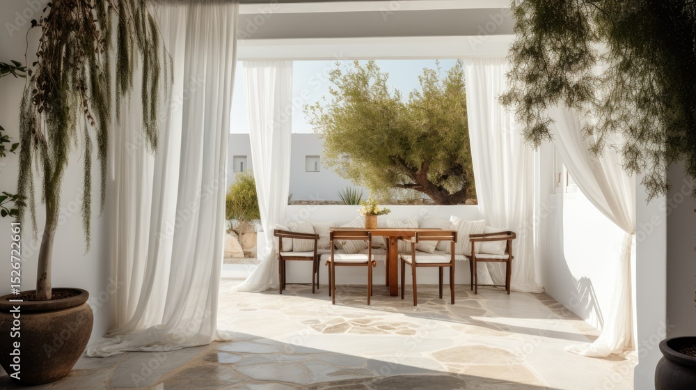 Fototapeta premium Close-up of a modern Mediterranean veranda, white curtains, stone flooring, light breeze