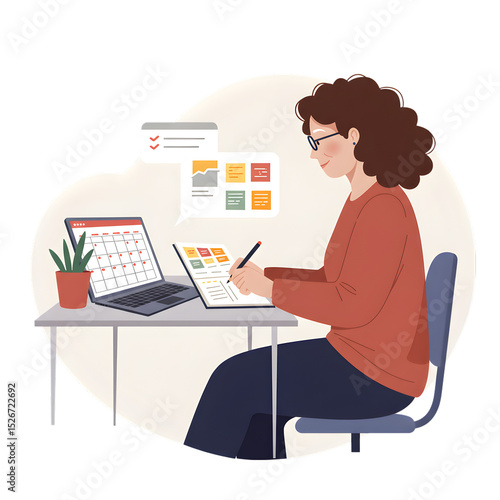 Woman working at a desk with laptop and planner