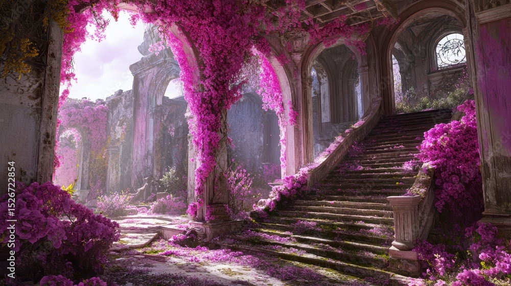 Obraz premium A ruined palace adorned with vibrant pink blossoms.