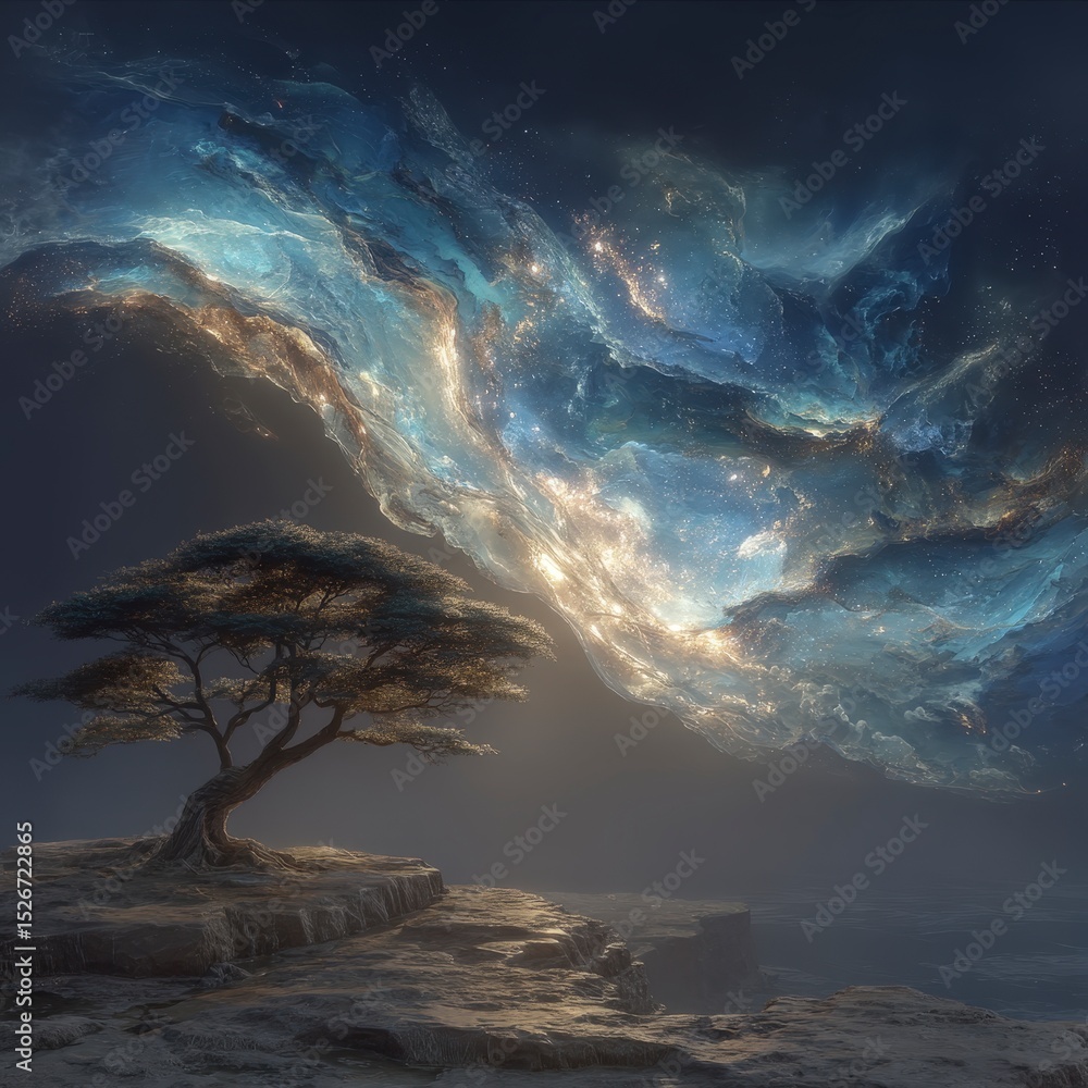 Fototapeta premium Surreal Landscape Lone Tree Celestial Nebula Dramatic Sky Fantasy Art
