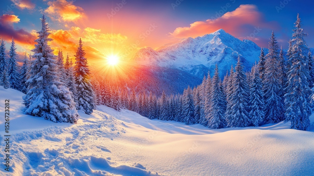 Snowy mountain peaks at sunrise Snowy mountain peaks at sunrise