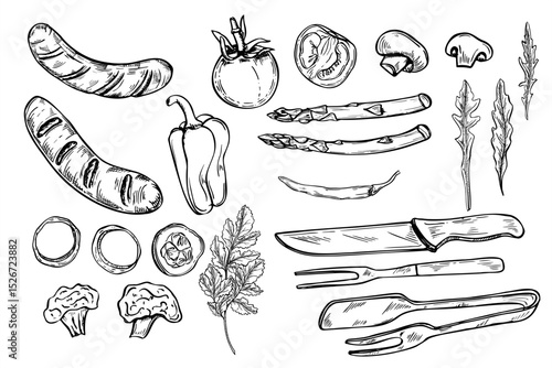 Barbecue dinner set with grilled sausages, fresh vegetables, and utensils vector illustration. Monochrome bratwurst or chorizo griller clip art for family BBQ holiday posters, menus, outdoor cooking