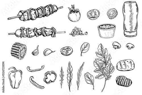 Monochrome vector BBQ set with skewers, grilled veggies, sauces, and spices black ink sketch. Etching drawing of grilled kebab clip art for family picnic, street food market, and cooking blog