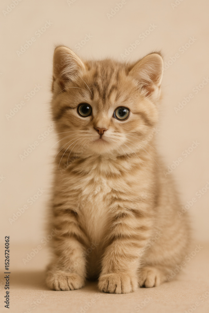 Adorable Ginger Kitten Sitting on Beige Background, Looking Curious Adorable Ginger Kitten Sitting on Beige Background, Looking Curious