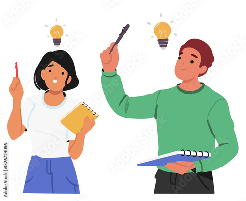 Man and woman with pen and notebook finding good business strategy having plan isolated on white
