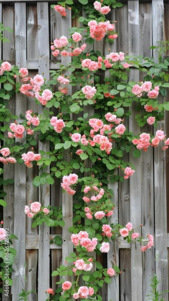 Soft pink roses climb a rustic wooden fence, creating a serene atmosphere in a garden filled with vibrant greenery and blossoms Soft pink roses climb a rustic wooden fence, creating a serene atmosphere in a garden filled with vibrant greenery and blossoms