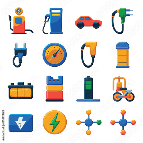 vector icons to vehicle fueling and charging a gasoline pump, an electric vehicle plug hydrogen mole