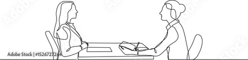 Job interview - vector modern simple one continuous line design composition with recruiter and candidate. Continuous Line Drawing of Two women are talking at the table. Vector illustration