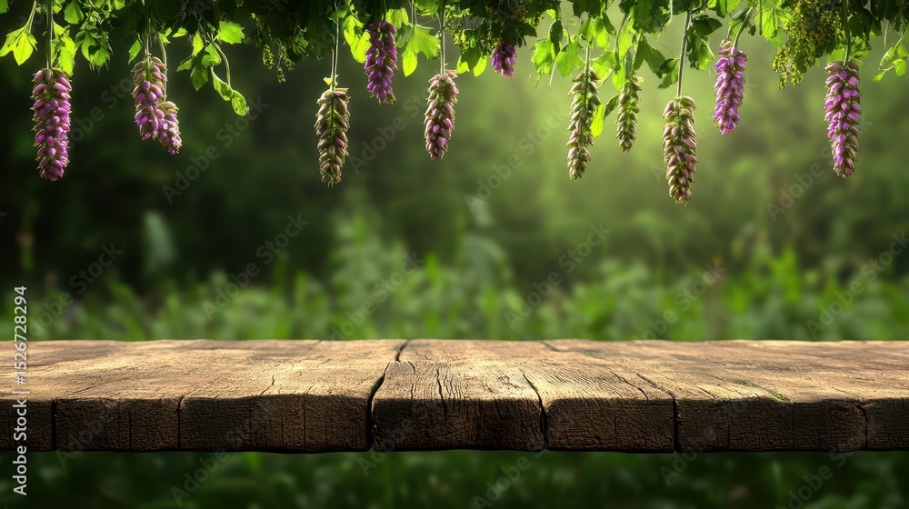 Wooden Table, Floral Background, Nature Scene Wooden Table, Floral Background, Nature Scene