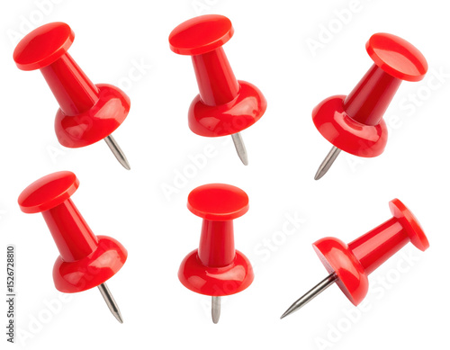 Six red push pins with pointed metal tips arranged in various orientations.