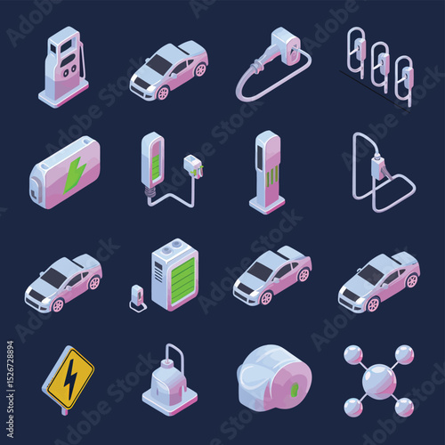 vector icons to vehicle fueling and charging a gasoline pump, an electric vehicle plug hydrogen mole